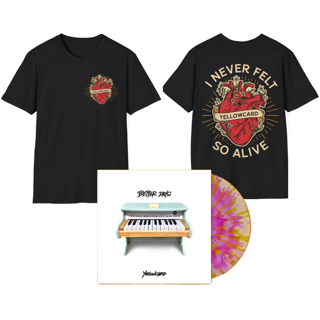 Yellowcard - Better Days - Pink & Yellow Splatter Vinyl + Shirt "Heart" Bundle